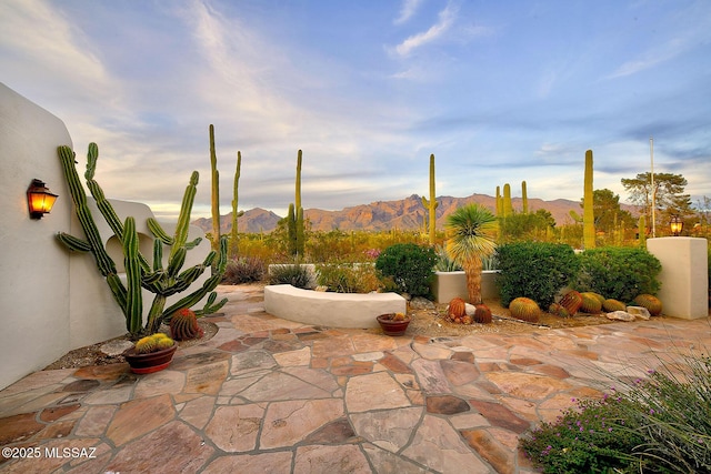 view of patio / terrace featuring a mountain view