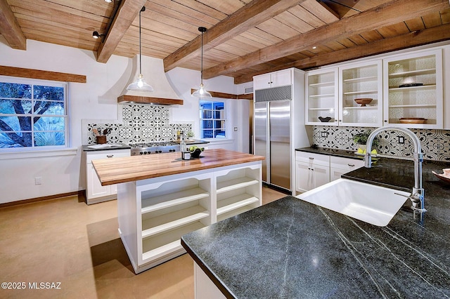 kitchen featuring white cabinets, wooden ceiling, sink, and built in refrigerator