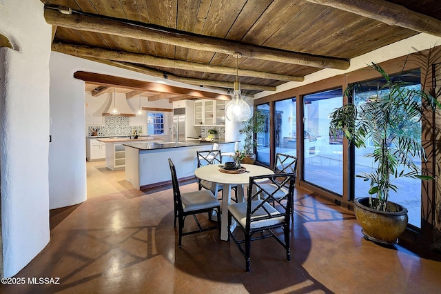 dining area with beamed ceiling, wood ceiling, and sink