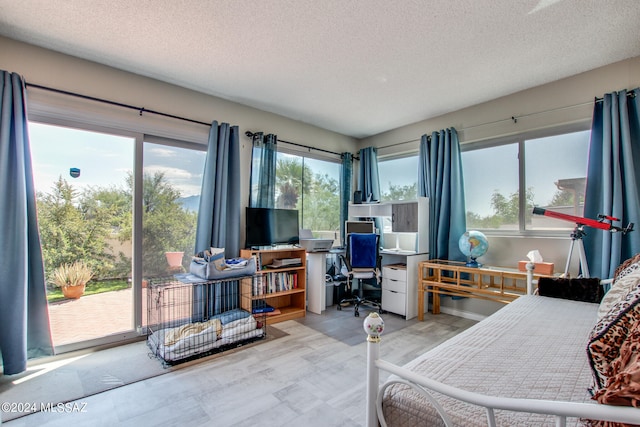 bedroom with a textured ceiling and access to exterior