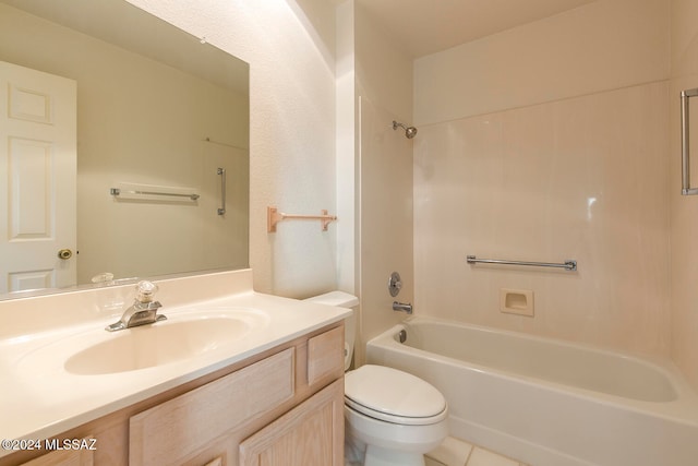 full bathroom with toilet, vanity, tile patterned floors, and tub / shower combination