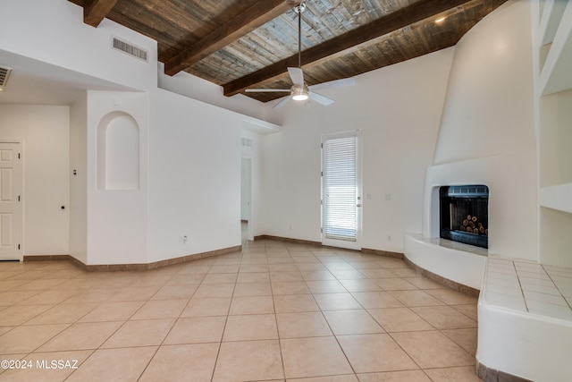 unfurnished living room featuring wood ceiling, beam ceiling, a fireplace, light tile patterned floors, and ceiling fan