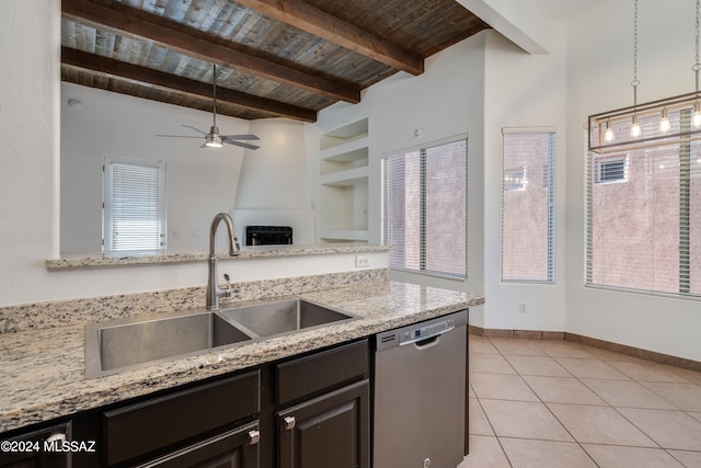 kitchen featuring light stone counters, sink, light tile patterned floors, dishwasher, and wooden ceiling