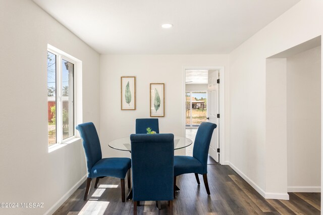 dining area with dark hardwood / wood-style floors and plenty of natural light