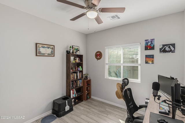 office featuring light hardwood / wood-style flooring and ceiling fan