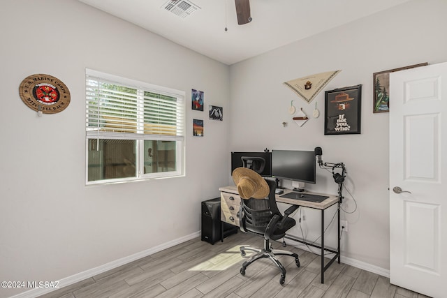 office space featuring ceiling fan and light wood-type flooring