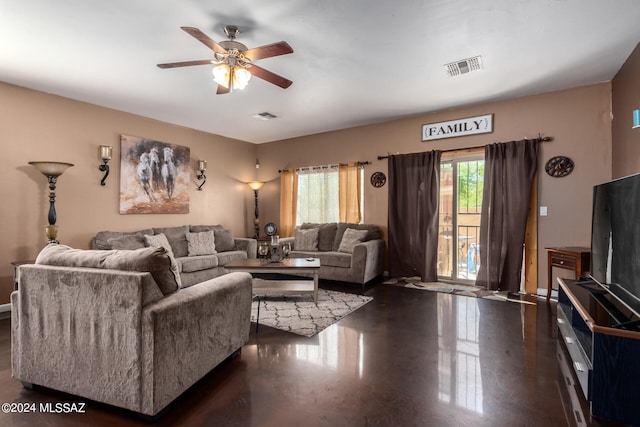 living room with ceiling fan