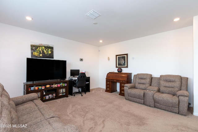 living room with light colored carpet