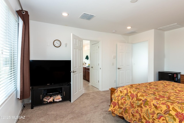 bedroom featuring multiple windows and light carpet