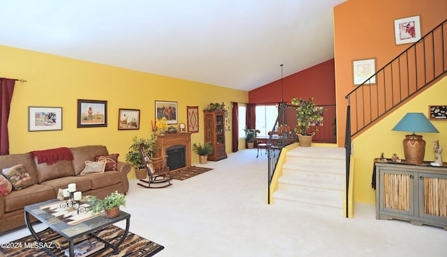 living room with vaulted ceiling and light carpet