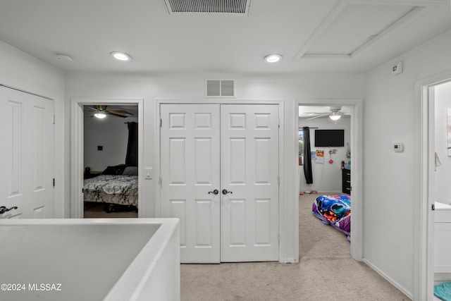 398 W Cedar Chase Dr, Green Valley, AZ 85614 - hallway with light carpet, recessed lighting, visible vents, and attic access