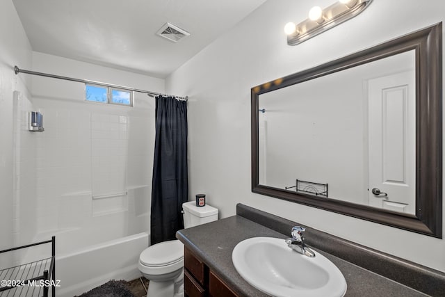 398 W Cedar Chase Dr, Green Valley, AZ 85614 - full bathroom with visible vents, toilet, shower / bathtub combination with curtain, and vanity