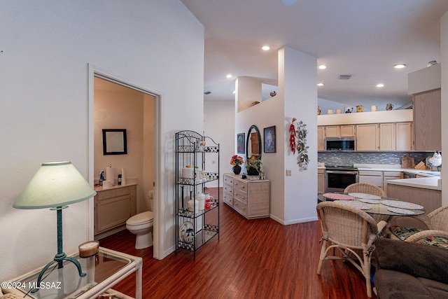 interior space featuring light brown cabinets, tasteful backsplash, dark wood-type flooring, high vaulted ceiling, and appliances with stainless steel finishes