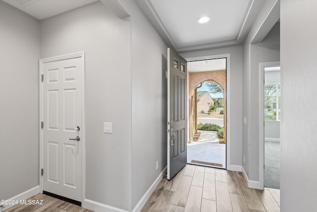 foyer entrance featuring light wood-type flooring