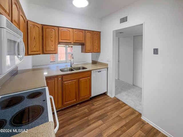 kitchen featuring dark hardwood / wood-style floors, white appliances, and sink