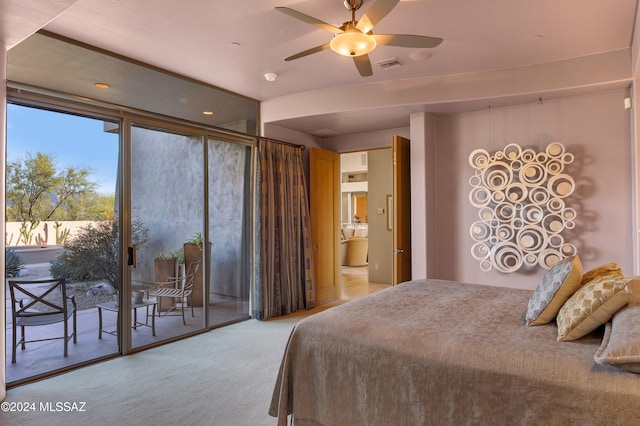 bedroom with access to exterior, light colored carpet, and ceiling fan