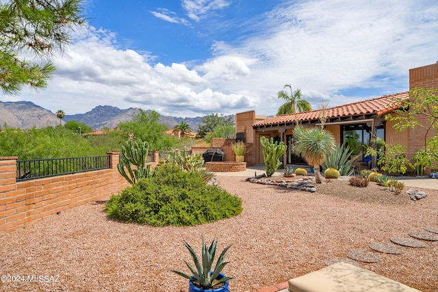 view of yard featuring a patio and a mountain view