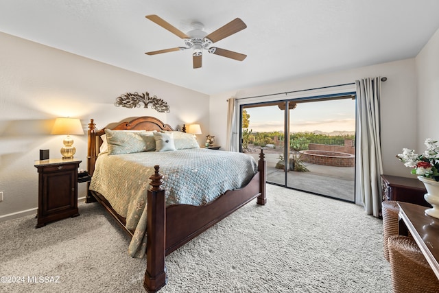 bedroom featuring carpet floors, access to outside, and ceiling fan