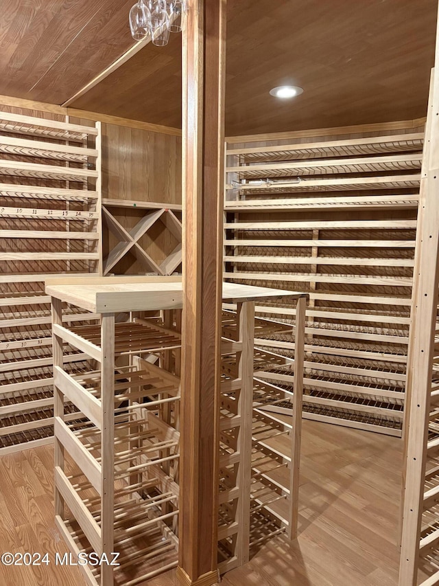 wine room featuring wood ceiling and wood walls