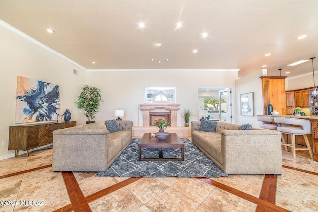 living room with crown molding