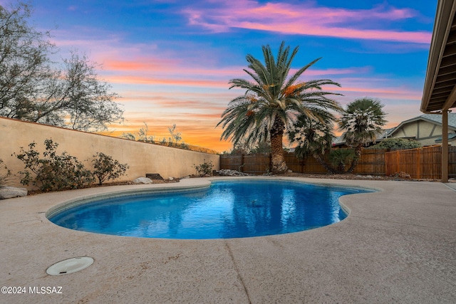 pool at dusk with a patio