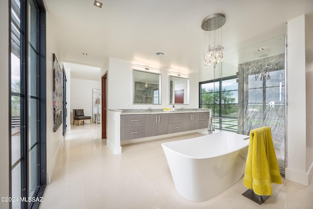 bathroom featuring vanity and shower with separate bathtub