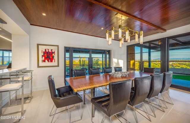 dining area featuring wood ceiling and plenty of natural light