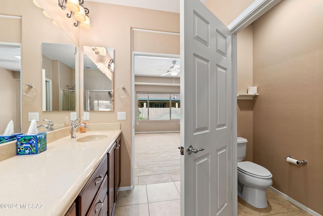 bathroom with vanity, toilet, ceiling fan, and tile patterned floors