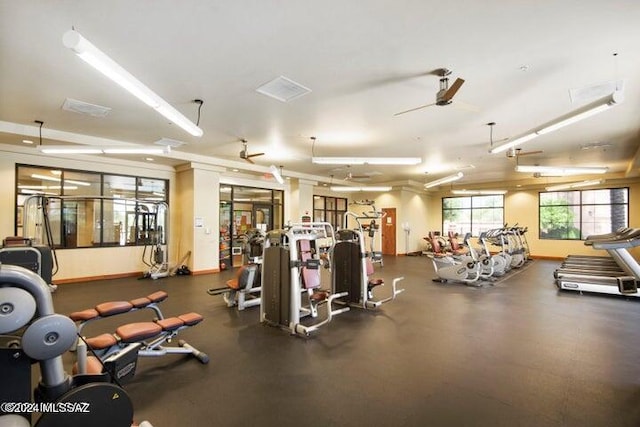 exercise room featuring ceiling fan