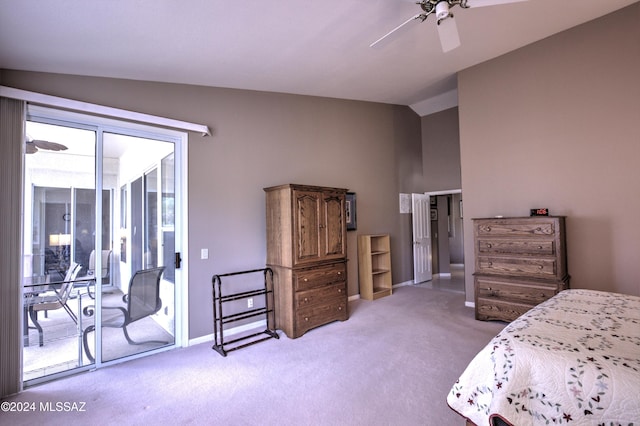 bedroom with ceiling fan, light colored carpet, vaulted ceiling, and access to outside