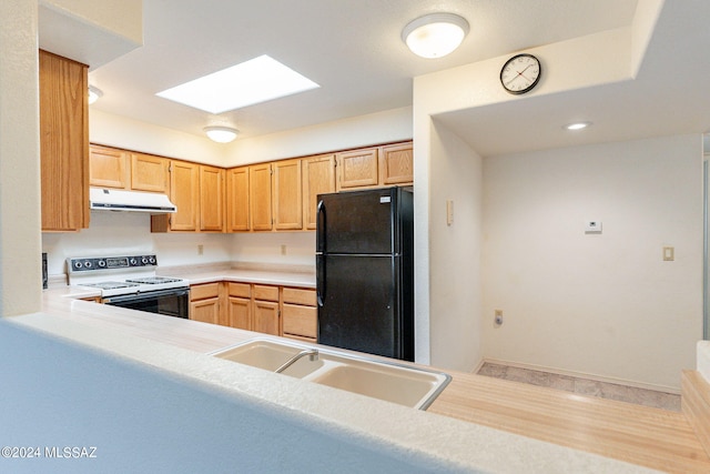 kitchen featuring black refrigerator, white electric range, a skylight, hardwood / wood-style flooring, and sink