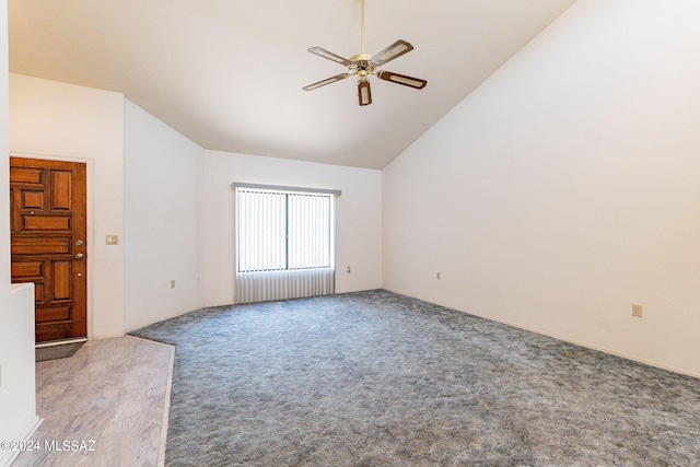 interior space featuring carpet, ceiling fan, and high vaulted ceiling