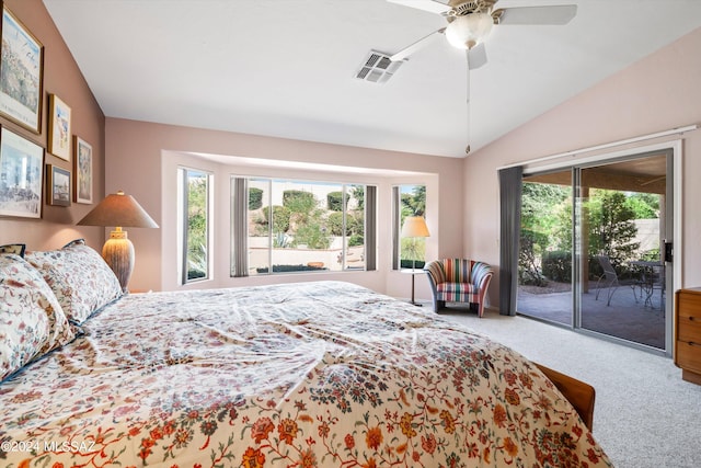 carpeted bedroom featuring access to outside, lofted ceiling, and ceiling fan