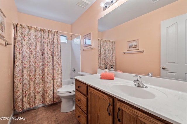 full bathroom featuring vanity, shower / tub combo, toilet, and tile patterned floors