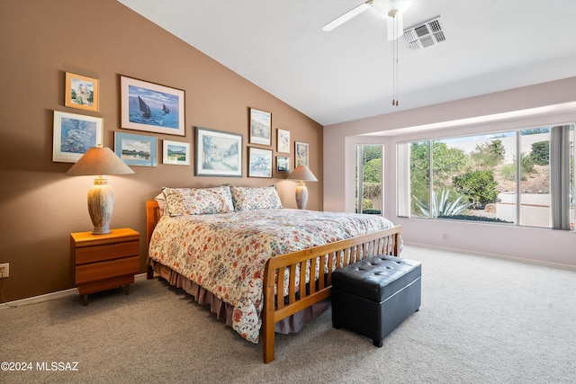 bedroom with carpet, lofted ceiling, and ceiling fan