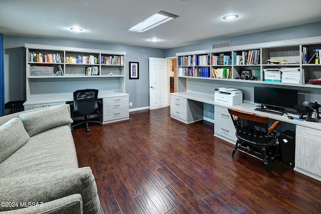 office featuring dark hardwood / wood-style floors and built in desk