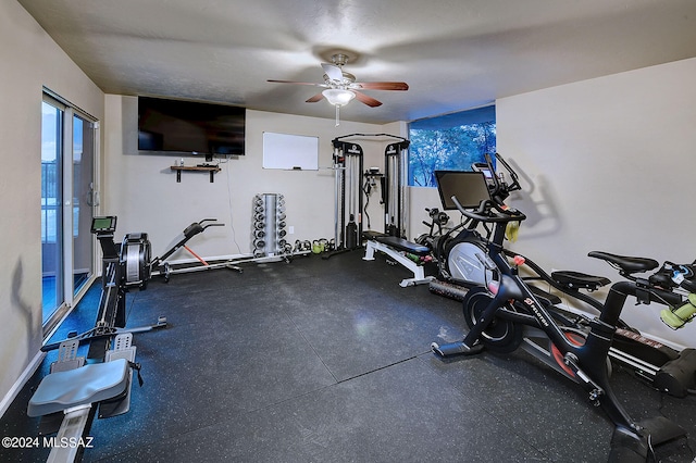 exercise room featuring ceiling fan