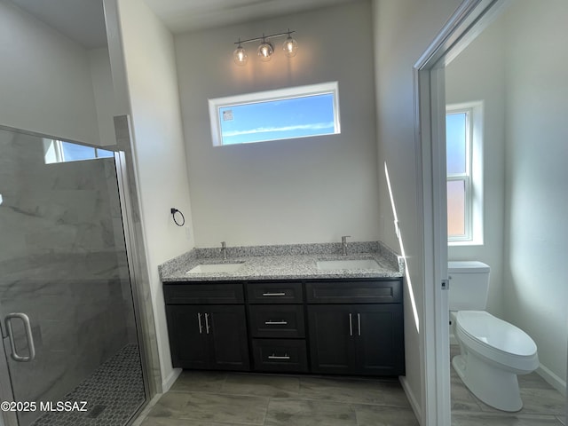 bathroom featuring a healthy amount of sunlight, vanity, an enclosed shower, and toilet