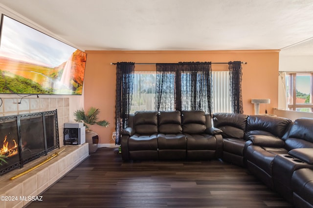 living room featuring dark hardwood / wood-style floors, a fireplace, and crown molding