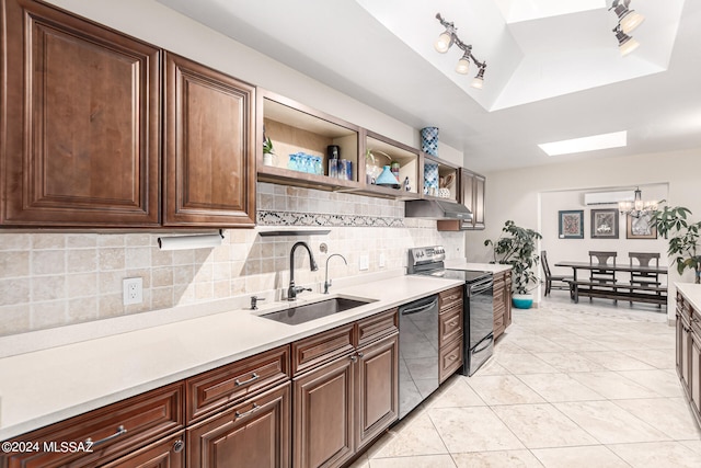 kitchen with light tile patterned floors, sink, stainless steel dishwasher, electric stove, and decorative backsplash