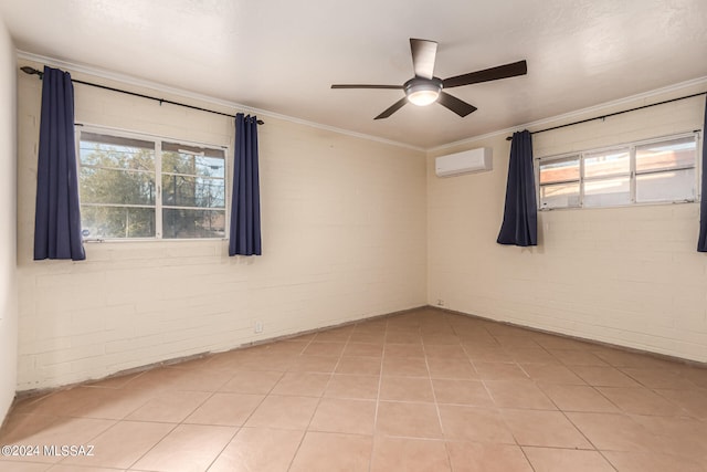 tiled empty room with ceiling fan, brick wall, and a healthy amount of sunlight