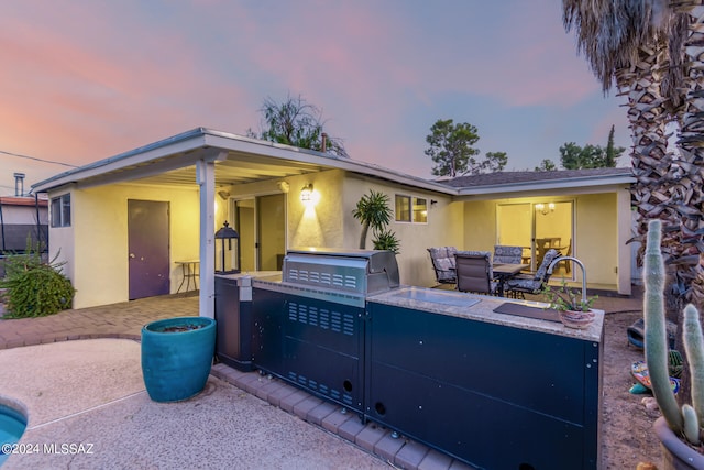 exterior space featuring an outdoor kitchen and a patio