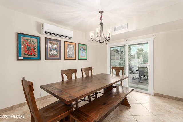 5731 E 2nd St, Tucson, AZ 85711 - dining room featuring light tile patterned flooring, baseboards, visible vents, an AC wall unit, and a notable chandelier