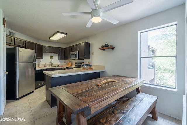 kitchen featuring dark brown cabinetry, ceiling fan, sink, kitchen peninsula, and stainless steel appliances