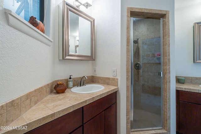 bathroom featuring vanity and a shower with shower door