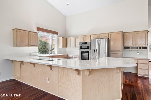 kitchen with appliances with stainless steel finishes, a kitchen breakfast bar, high vaulted ceiling, kitchen peninsula, and dark hardwood / wood-style floors