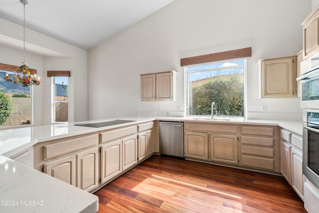 kitchen featuring lofted ceiling, appliances with stainless steel finishes, light brown cabinetry, an inviting chandelier, and hardwood / wood-style floors