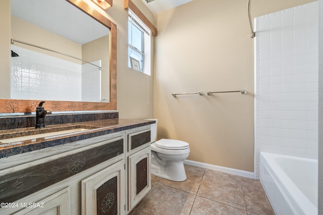 full bathroom with shower / washtub combination, tile patterned flooring, vanity, and toilet