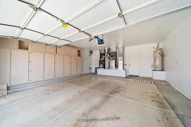 garage with gas water heater, a garage door opener, and heating unit