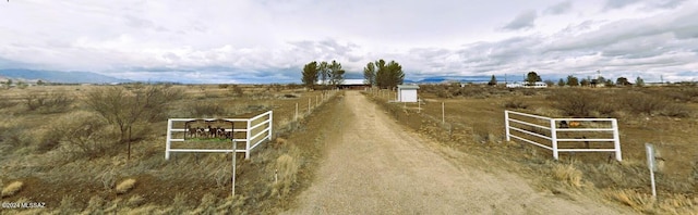 view of street featuring dirt driveway and a rural view